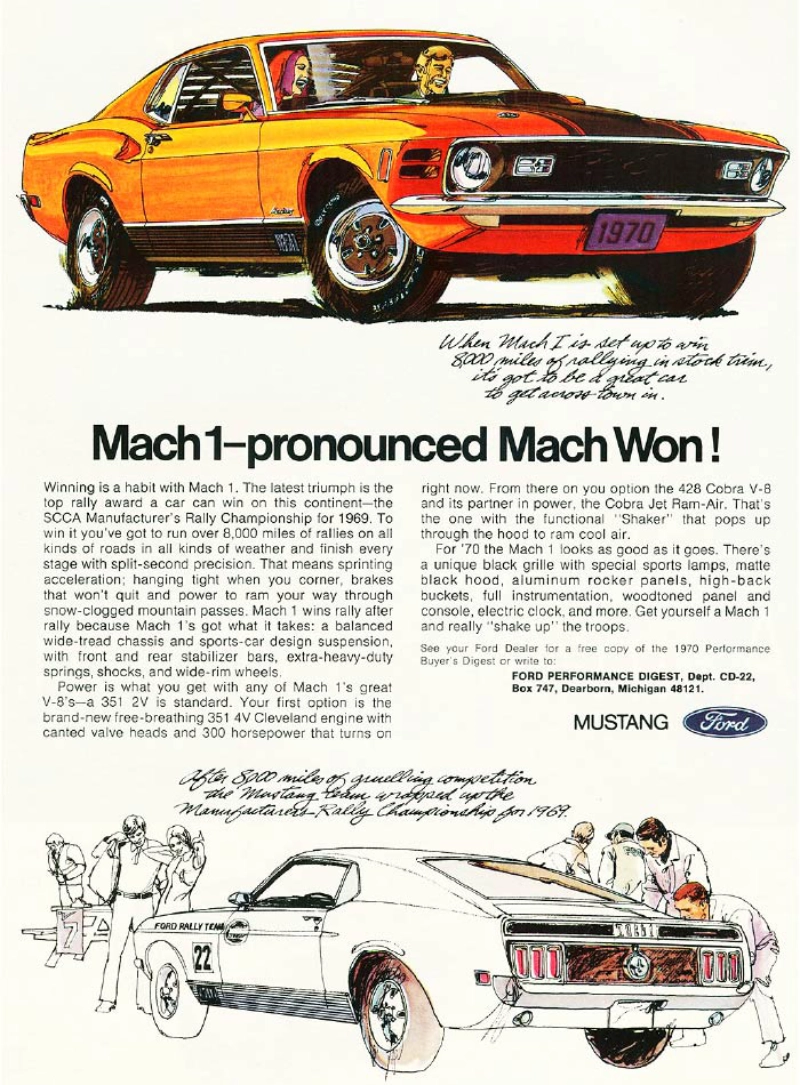 1970 Ford Mustang vintage auto ad; Mach1-pronounced mach won 1970 Ford Mustang vintage auto ad; Mach1-pronounced mach won